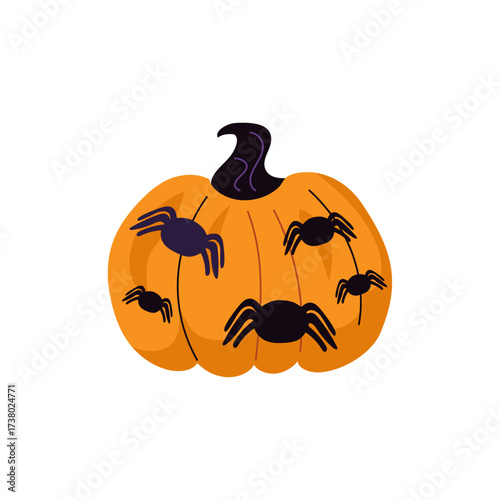 Orange Halloween pumpkin with spiders illustration, perfect for spooky decorations and holiday crafts