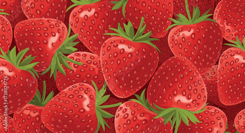A close up view of many ripe red strawberries with green stems filling the entire frame.