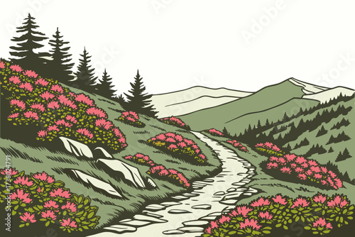 Mountain path with pink flowers and pine trees trail