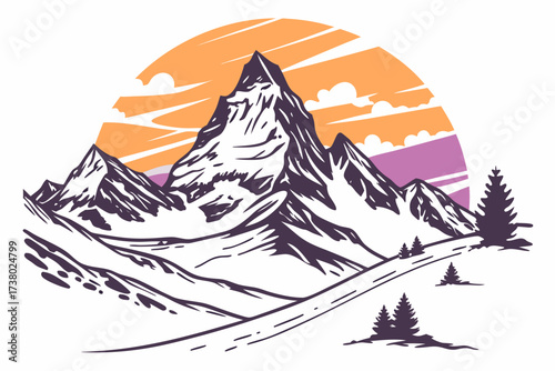 Mountain peaks at sunrise with orange and purple sky