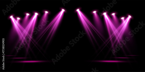  Pink spotlight stage background. Disco party projector light concert or show scene. Magic beam glow for nightclub or award winner with confetti glitter.