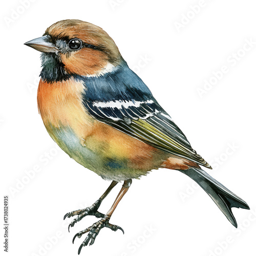 Realistic watercolor illustration of a perched bird with detailed plumage, isolated on transparent background, showcasing its natural beauty and intricate feather patterns