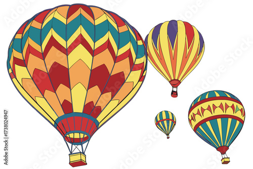 Multiple colorful hot air balloons on white background