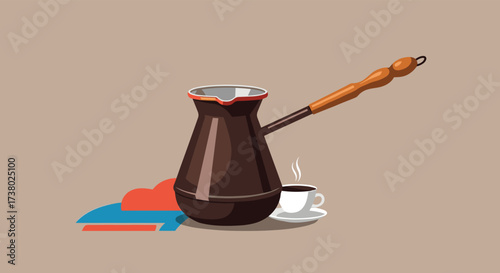 A traditional cezve coffee pot with a small cup of steaming coffee and colorful abstract shapes on a muted background.