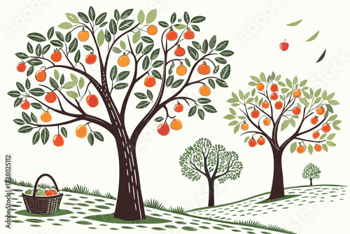 Orchard with ripe fruits and basket of produce fruit tree