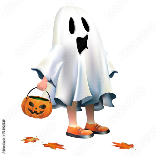 Halloween ghost costume trick-or-treating with pumpkin candy bucket and autumn leaves on white background