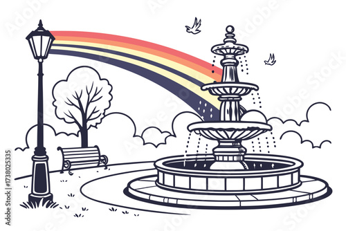 Park fountain with rainbow mist and birds water