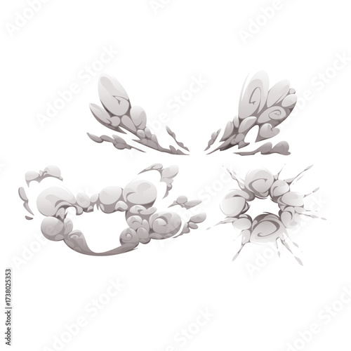 Explosive bursts and smoke clouds collection, depicting different stages of dispersion and intensity