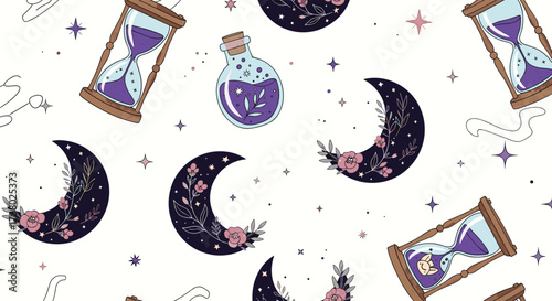 A magical pattern featuring crescent moons with floral accents and hourglasses filled with purple sand scattered across a white background with tiny starbursts and wispy clouds.