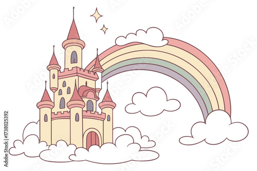 Pastel fantasy castle with rainbow and clouds vector 1