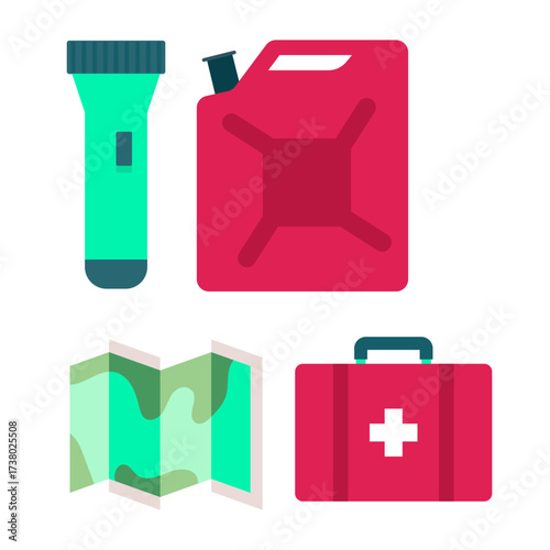 Emergency preparedness kit essentials flashlight, gas can, map, and first aid kit for survival situations