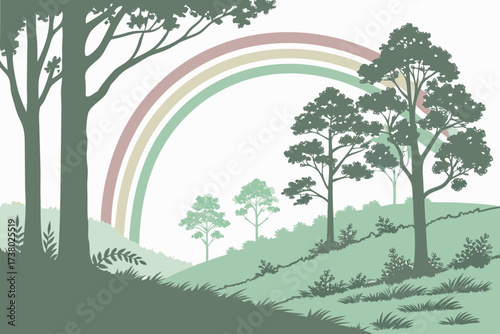 Pastel rainbow arches over a serene green forest landscape