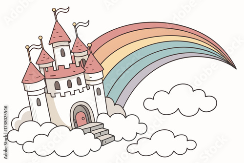 Pastel rainbow castle on clouds fantasy