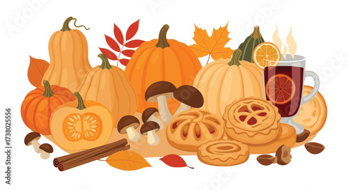 A delightful autumn harvest arrangement featuring pumpkins squash pastries and spiced cider.