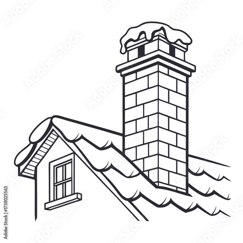House roof with chimney in black and white