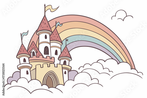 Pastel rainbow castle on clouds illustration fantasy