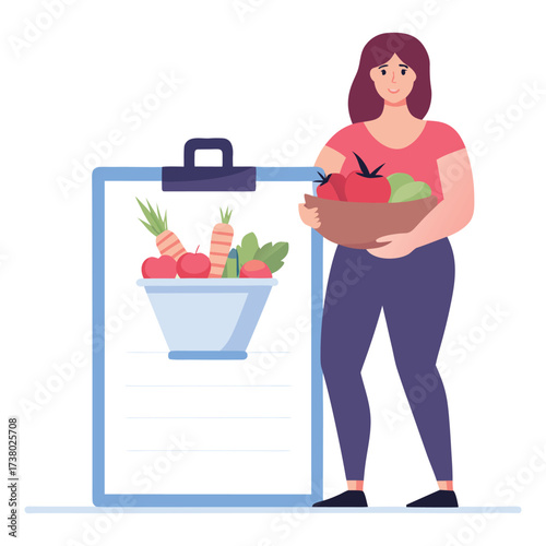 Woman holding basket of fresh vegetables next to healthy eating plan chart