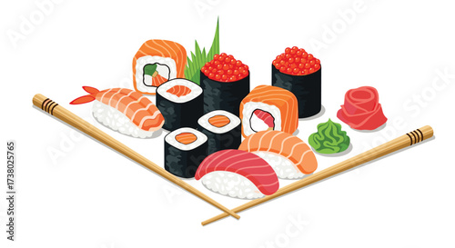 A colorful arrangement of various delicious sushi rolls and nigiri served with chopsticks and accompaniments.
