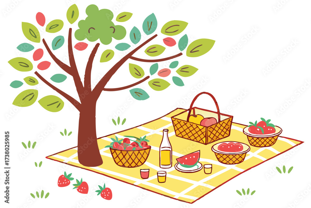 Fototapeta premium Picnic setup with fruit drinks and blanket under tree