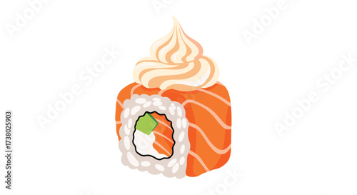 A delicious salmon sushi roll topped with creamy sauce and avocado inside.