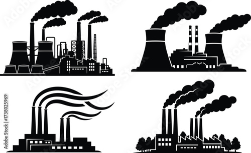 Industrial factory, power plant, smoke pollution, carbon emission, climate change, energy production, environment impact, manufacturing plant, industrial silhouette, air pollution