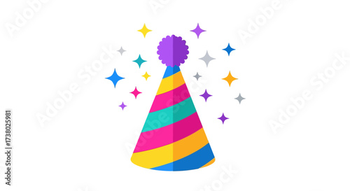 Festive celebration icon of a colorful party hat with star confetti for joyful occasion