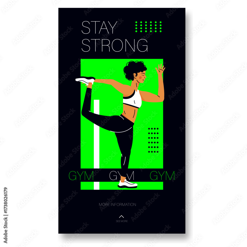 Obraz premium Motivational fitness illustration with a woman performing a yoga pose, promoting strength and wellness