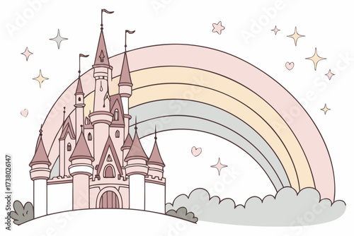 Pink castle with pastel rainbow and stars on white background