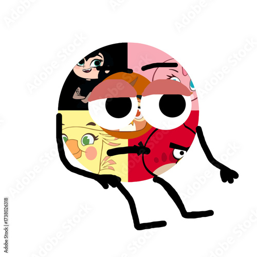 Abstract composite cartoon character with multiple faces expressing diverse emotions in a quadrant design, a unique illustrated mascot