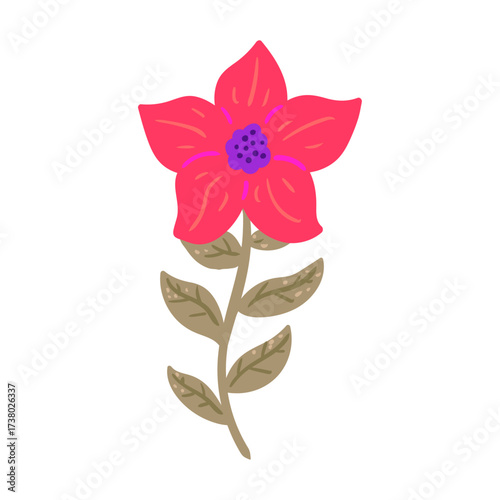 Vibrant Red Flower with Purple Center and Green Leaves - Beautiful Blooming Plant Illustration