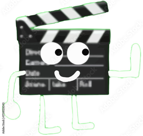 Cute anthropomorphic movie clapperboard character smiling and waving. A cheerful filmmaking mascot illustration isolated on a white background