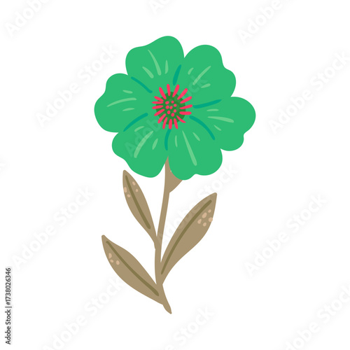 Green Flower Illustration with Pink Center and Brown Stem and Leaves on White Background