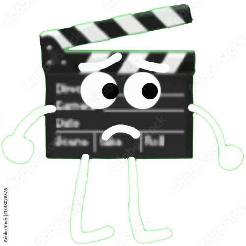 A sad cartoon clapperboard character mascot feeling anxious and worried about a film production flop or bad movie review