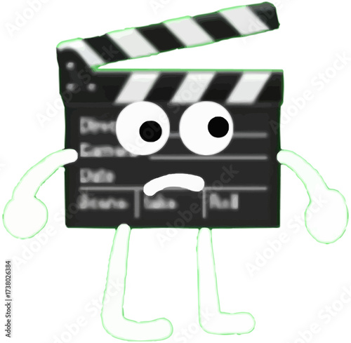 A cute cartoon movie clapperboard character with a sad and worried facial expression, representing anxiety in film production, isolated illustration