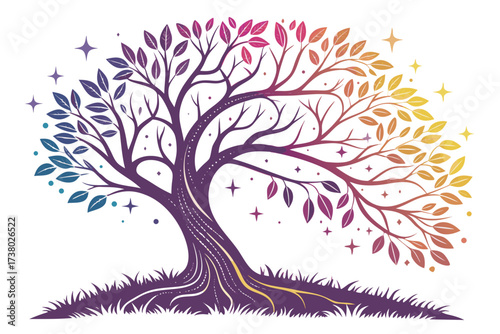 Rainbow gradient tree with stars and grass nature fantasy