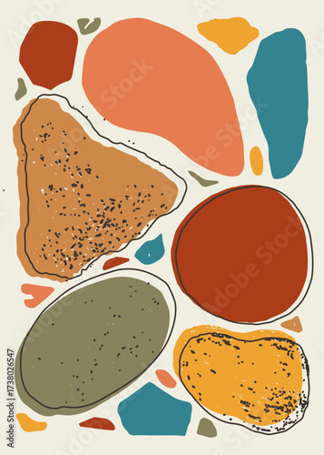 Abstract pebble illustration with organic stone shapes in terracotta red, muted orange, teal blue, earthy green, and mustard yellow tones. Ideal for prints, posters, textiles, packaging, or decor.