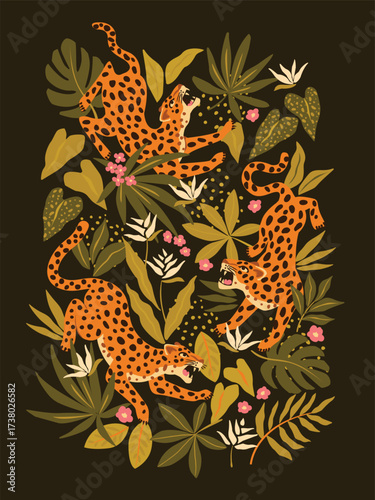 Leopards in different poses cartoon illustration set. Seamless pattern with leopards or jaguars with tropical leaves and plants isolated on dark black background. Wild animal, cat, jungle concept.