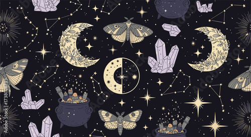 Mystical night sky filled with celestial bodies and magical elements.