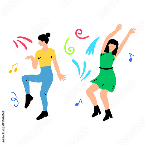 Two joyful women dancing and celebrating with musical notes and colorful confetti, illustration