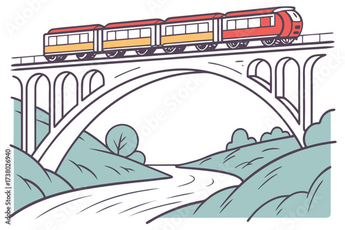 Red and yellow train on a bridge over a river transportation
