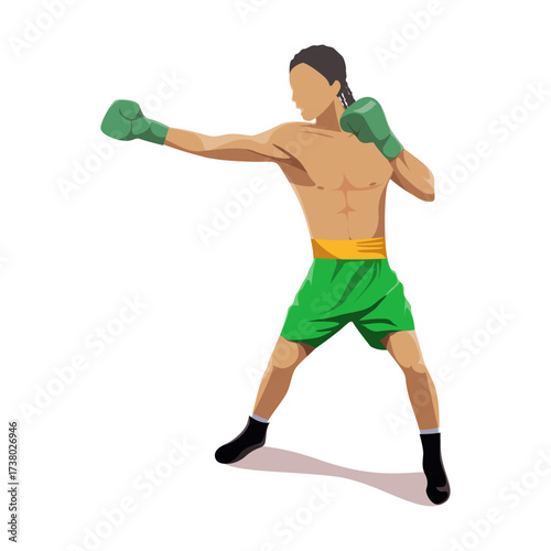 One-armed Boxer in Green Shorts and Gloves Throws a Punch, Isolated on White Background