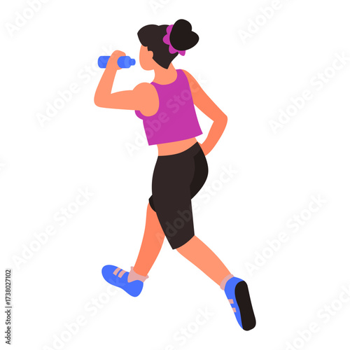 Athletic woman in activewear running and hydrating with a water bottle during a fitness session