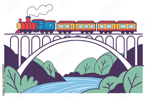 Red blue and yellow train crossing a bridge over a river