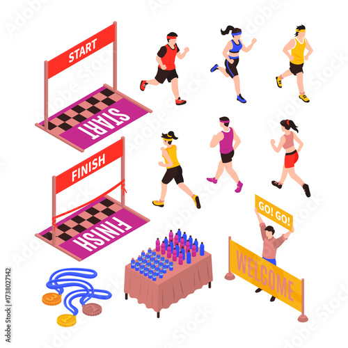 Isometric illustration of a marathon race with start and finish lines, runners, medals, and cheering spectators