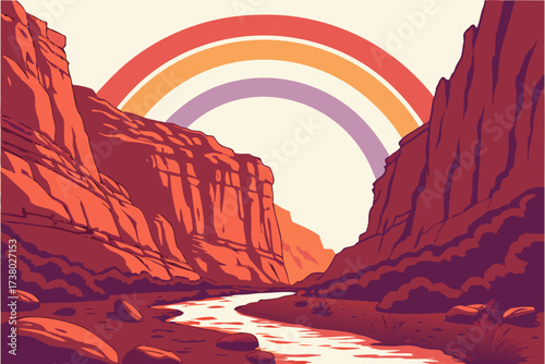 Red rock canyon river with rainbow sunset sky vector