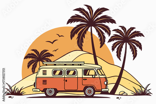 Retro camper van on a beach with palm trees vintage