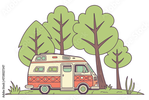Retro camper van parked in a forest clearing vintage