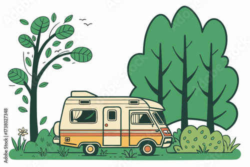 Retro camper van parked in a forest clearing vintage 1