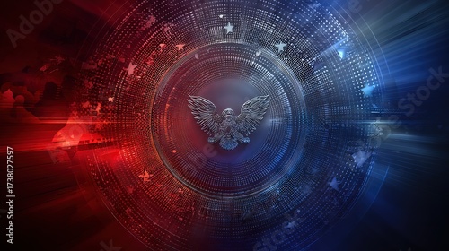 Ultra-modern vector abstract eagle in symmetrical digital circle with stars, futuristic Veterans Day design in red and blue patriotic tones