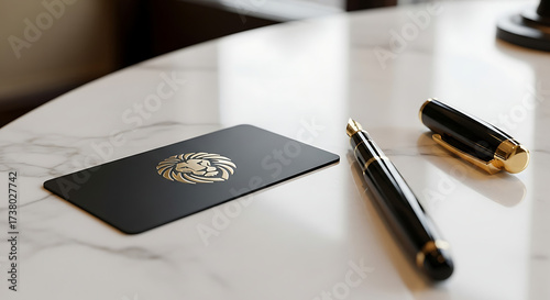 Elegant business card with a lion logo and fountain pen showcasing luxury branding and professional stationery for a sophisticated executive image